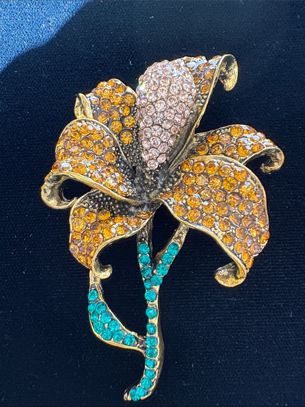 Crystal Flower Brooch Pendant- Gold Tone with Amber, Pink & Teal Stones